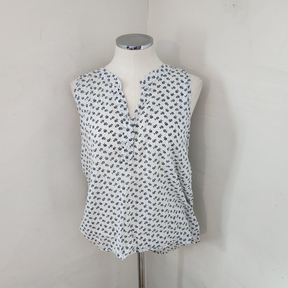Eden & Olivia Womens Large White Blue Floral Cotton Sleeveless Split Neck Blouse